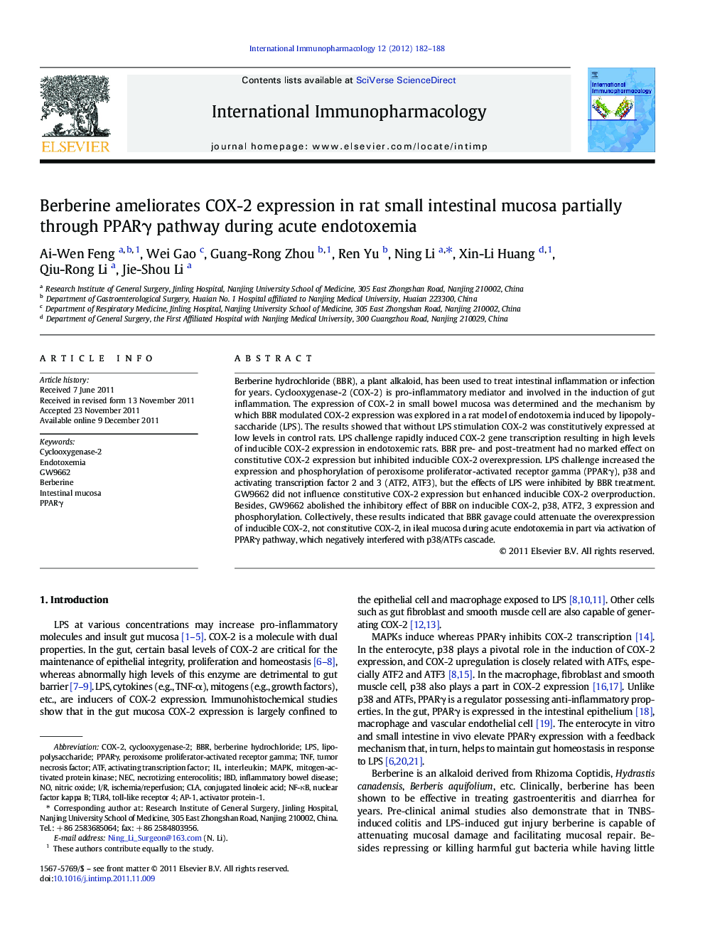 Berberine ameliorates COX-2 expression in rat small intestinal mucosa partially through PPARγ pathway during acute endotoxemia