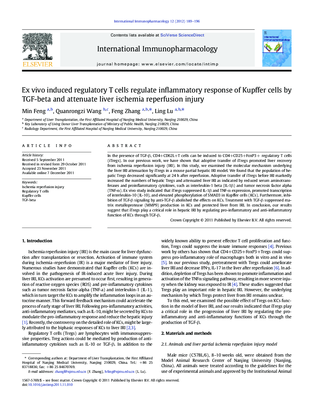 Ex vivo induced regulatory T cells regulate inflammatory response of Kupffer cells by TGF-beta and attenuate liver ischemia reperfusion injury