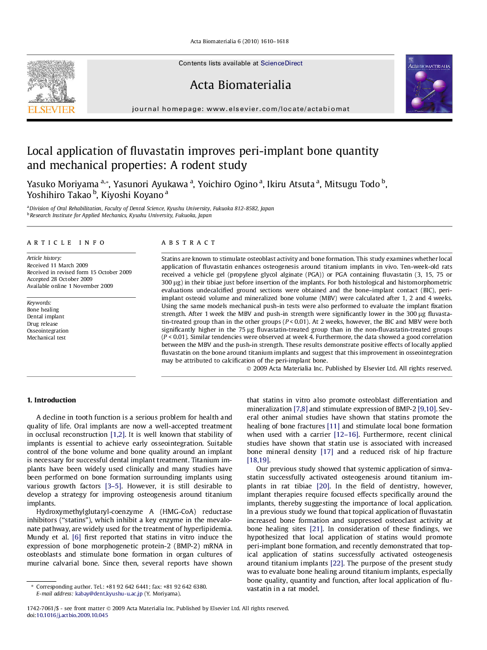 Local application of fluvastatin improves peri-implant bone quantity and mechanical properties: A rodent study