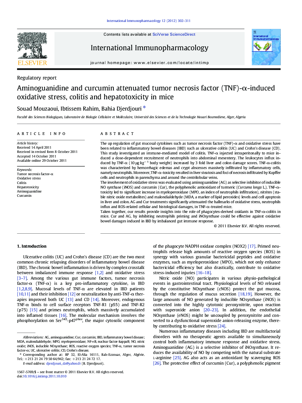 Aminoguanidine and curcumin attenuated tumor necrosis factor (TNF)-α-induced oxidative stress, colitis and hepatotoxicity in mice