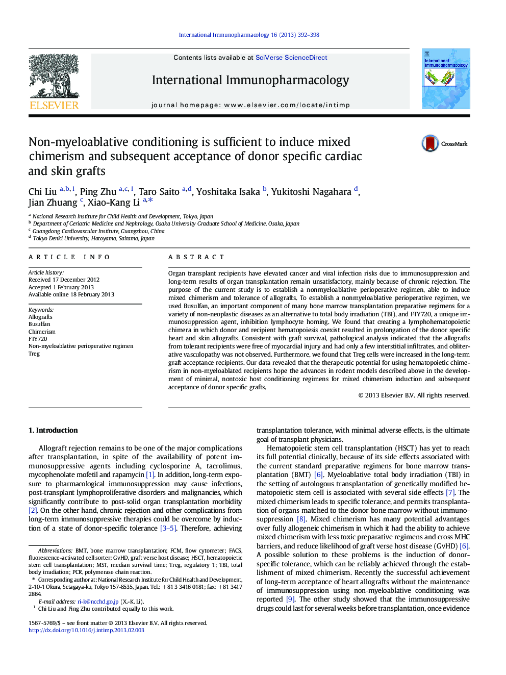 Non-myeloablative conditioning is sufficient to induce mixed chimerism and subsequent acceptance of donor specific cardiac and skin grafts