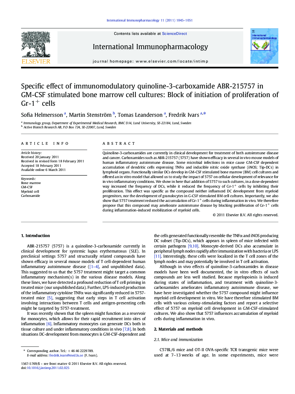 Specific effect of immunomodulatory quinoline-3-carboxamide ABR-215757 in GM-CSF stimulated bone marrow cell cultures: Block of initiation of proliferation of Gr-1+ cells