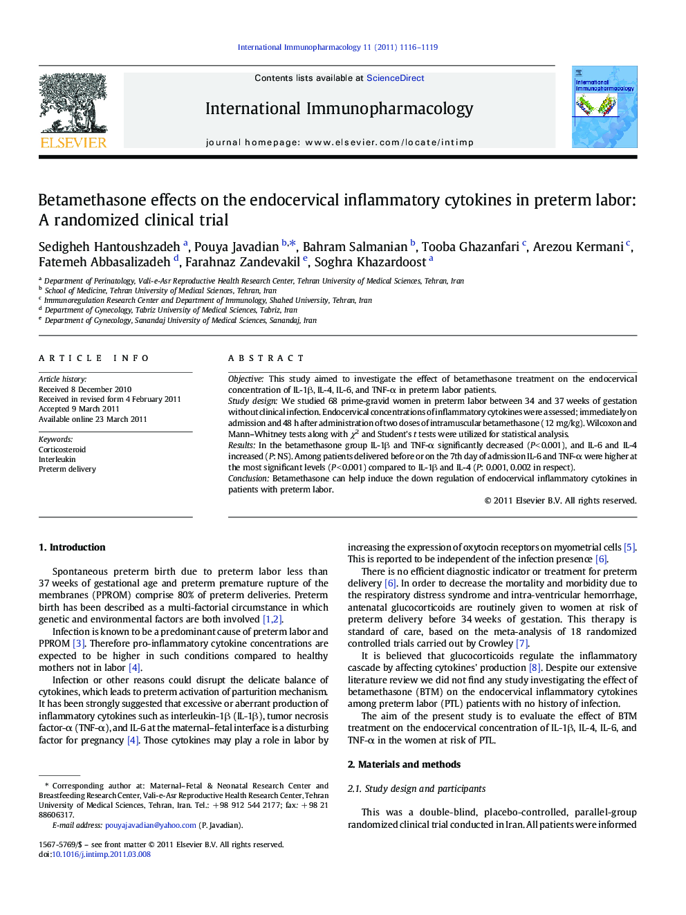 Betamethasone effects on the endocervical inflammatory cytokines in preterm labor: A randomized clinical trial