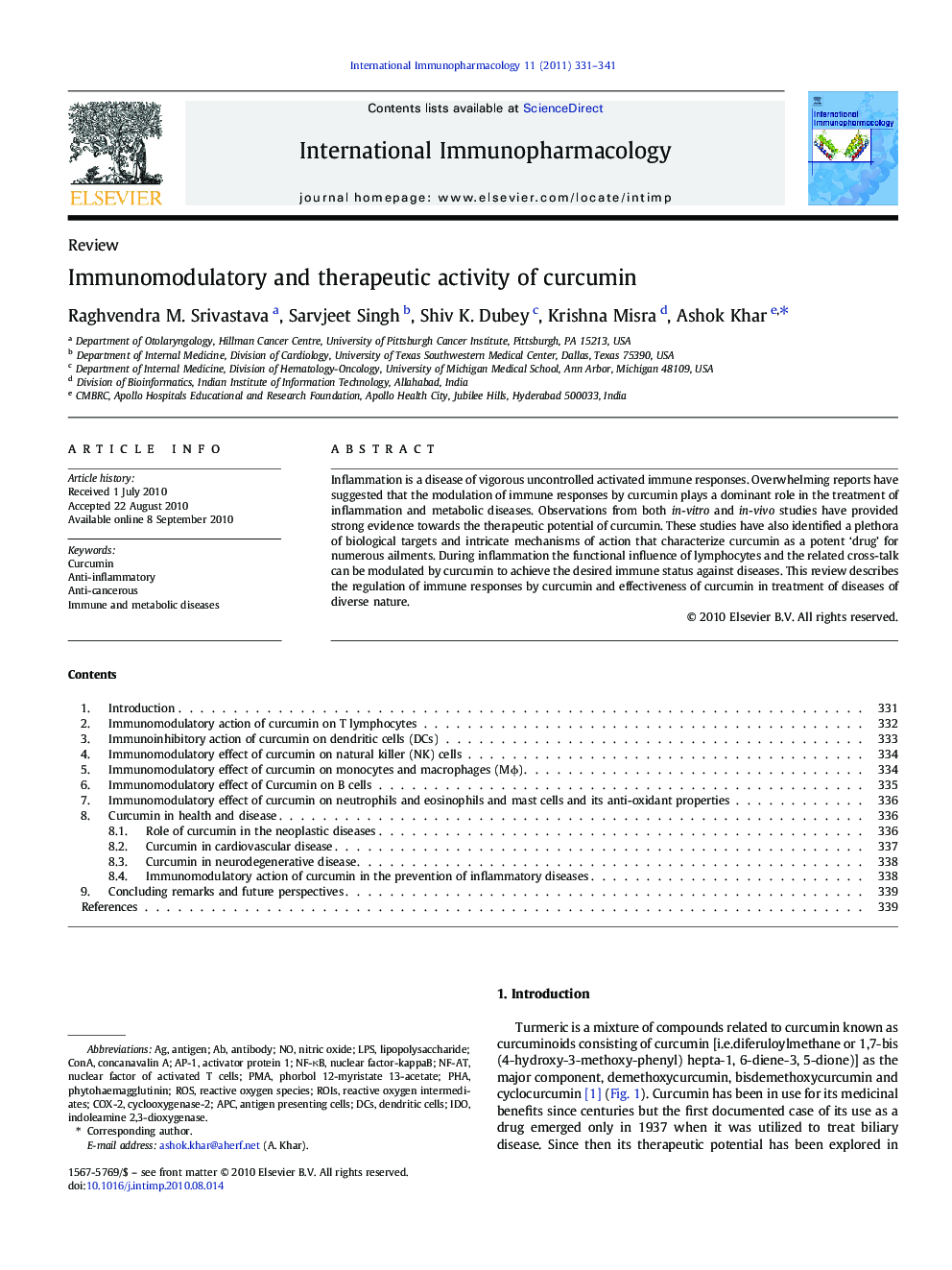 Immunomodulatory and therapeutic activity of curcumin