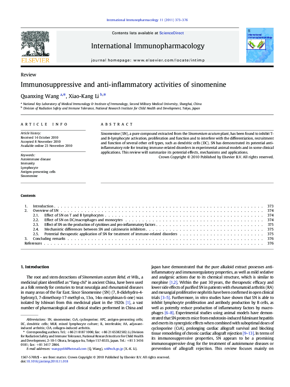 Immunosuppressive and anti-inflammatory activities of sinomenine