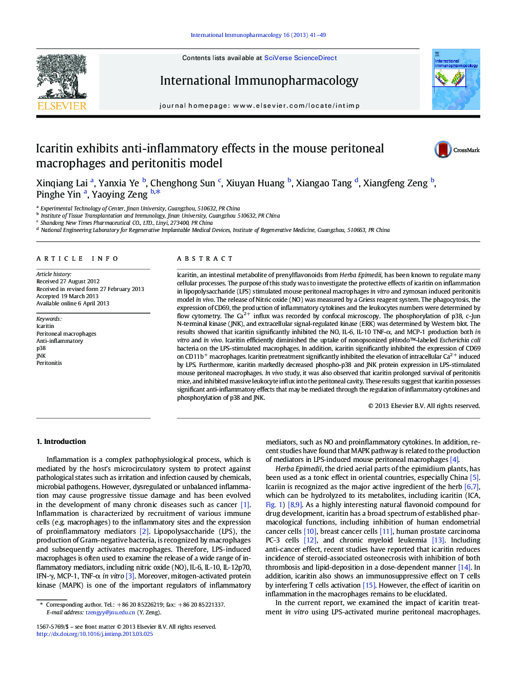 Icaritin exhibits anti-inflammatory effects in the mouse peritoneal macrophages and peritonitis model