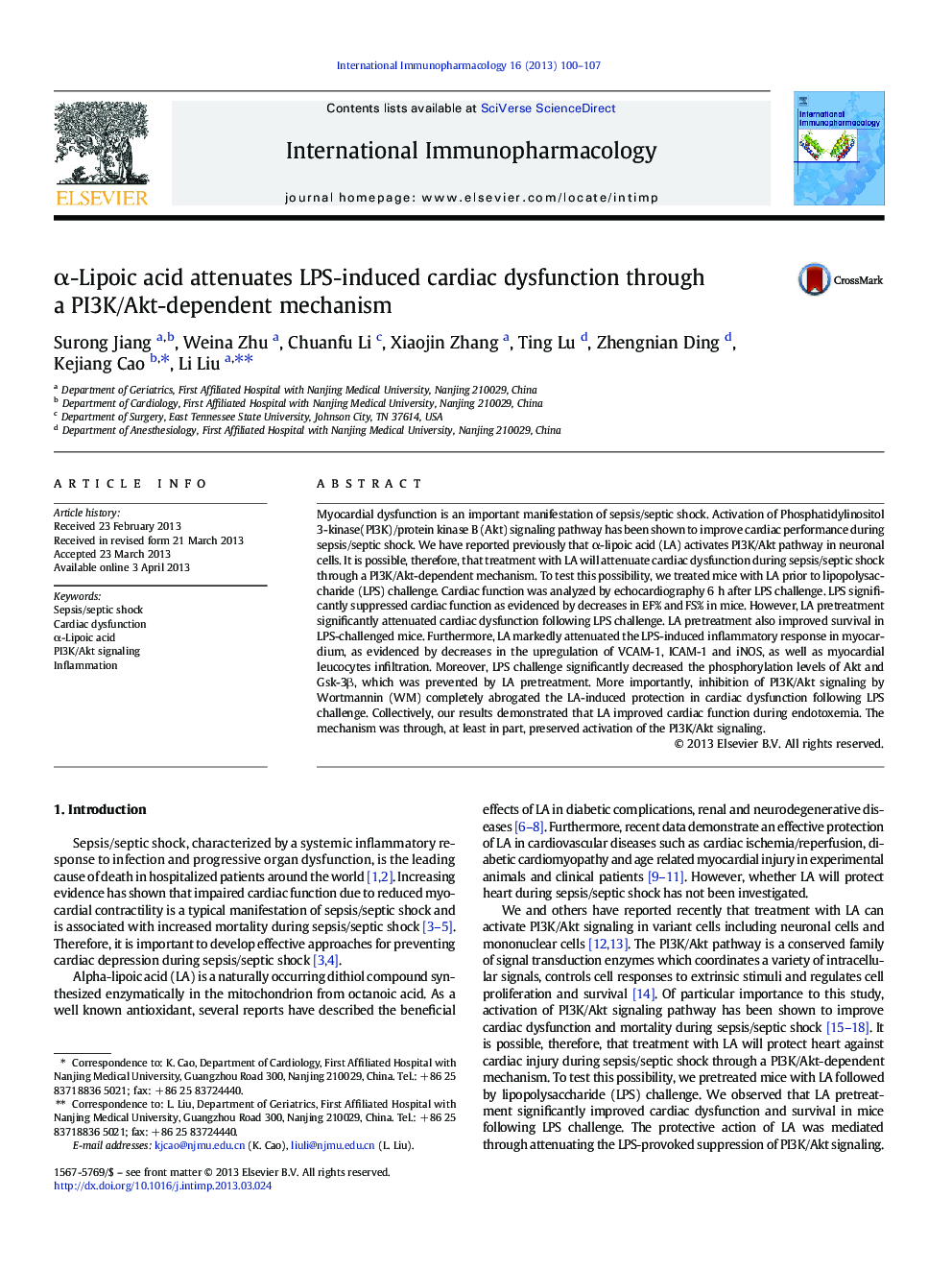 α-Lipoic acid attenuates LPS-induced cardiac dysfunction through a PI3K/Akt-dependent mechanism