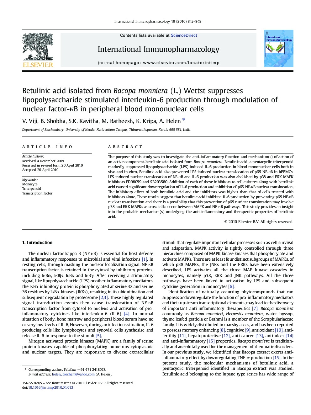 Betulinic acid isolated from Bacopa monniera (L.) Wettst suppresses lipopolysaccharide stimulated interleukin-6 production through modulation of nuclear factor-κB in peripheral blood mononuclear cells