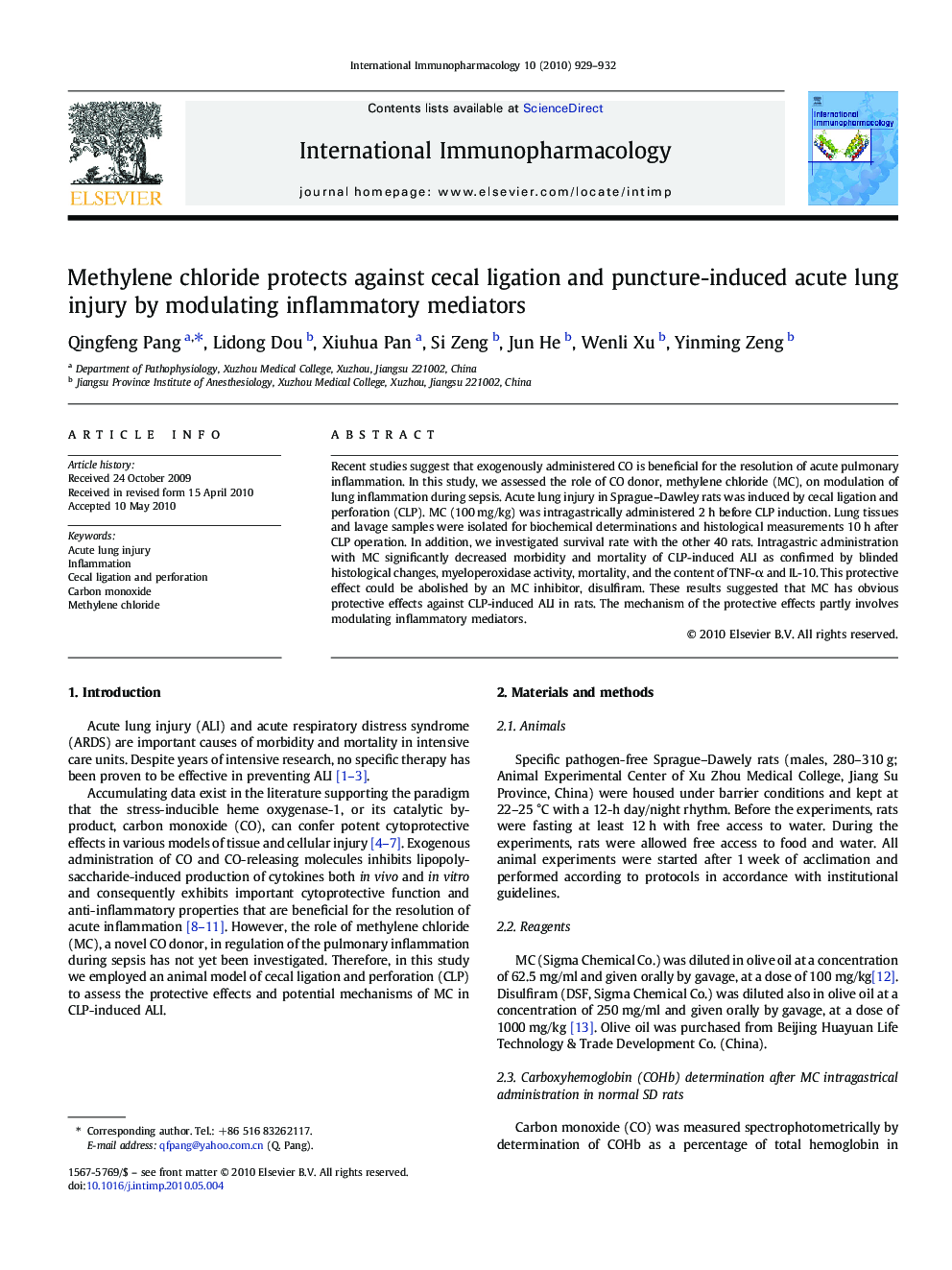 Methylene chloride protects against cecal ligation and puncture-induced acute lung injury by modulating inflammatory mediators