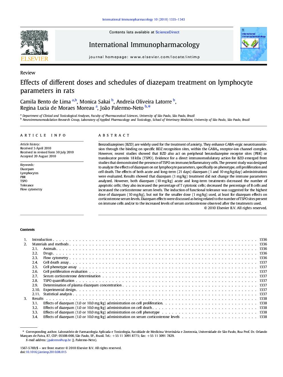 Effects of different doses and schedules of diazepam treatment on lymphocyte parameters in rats