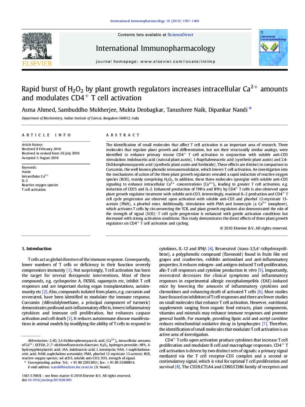 Rapid burst of H2O2 by plant growth regulators increases intracellular Ca2+ amounts and modulates CD4+ T cell activation