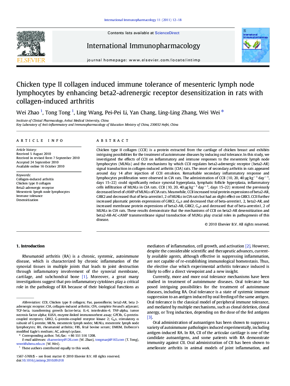 Chicken type II collagen induced immune tolerance of mesenteric lymph node lymphocytes by enhancing beta2-adrenergic receptor desensitization in rats with collagen-induced arthritis