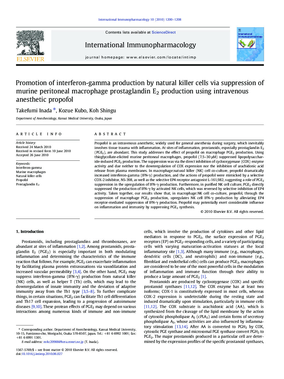 Promotion of interferon-gamma production by natural killer cells via suppression of murine peritoneal macrophage prostaglandin E2 production using intravenous anesthetic propofol