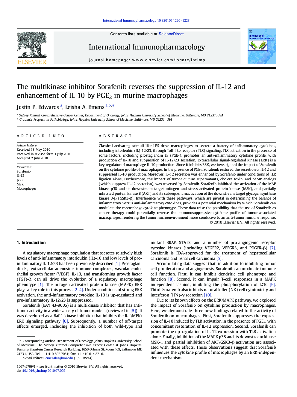 The multikinase inhibitor Sorafenib reverses the suppression of IL-12 and enhancement of IL-10 by PGE2 in murine macrophages