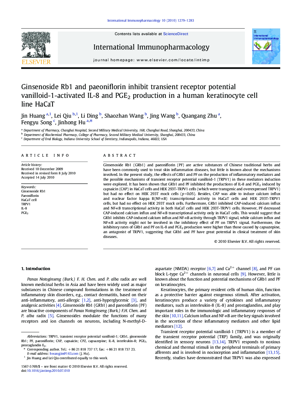 Ginsenoside Rb1 and paeoniflorin inhibit transient receptor potential vanilloid-1-activated IL-8 and PGE2 production in a human keratinocyte cell line HaCaT