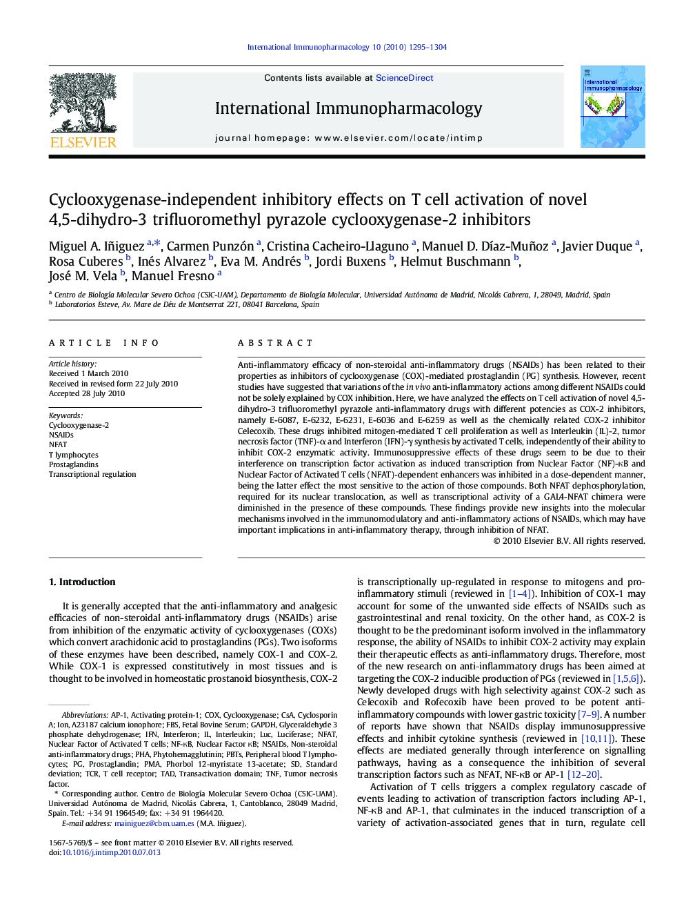 Cyclooxygenase-independent inhibitory effects on T cell activation of novel 4,5-dihydro-3 trifluoromethyl pyrazole cyclooxygenase-2 inhibitors