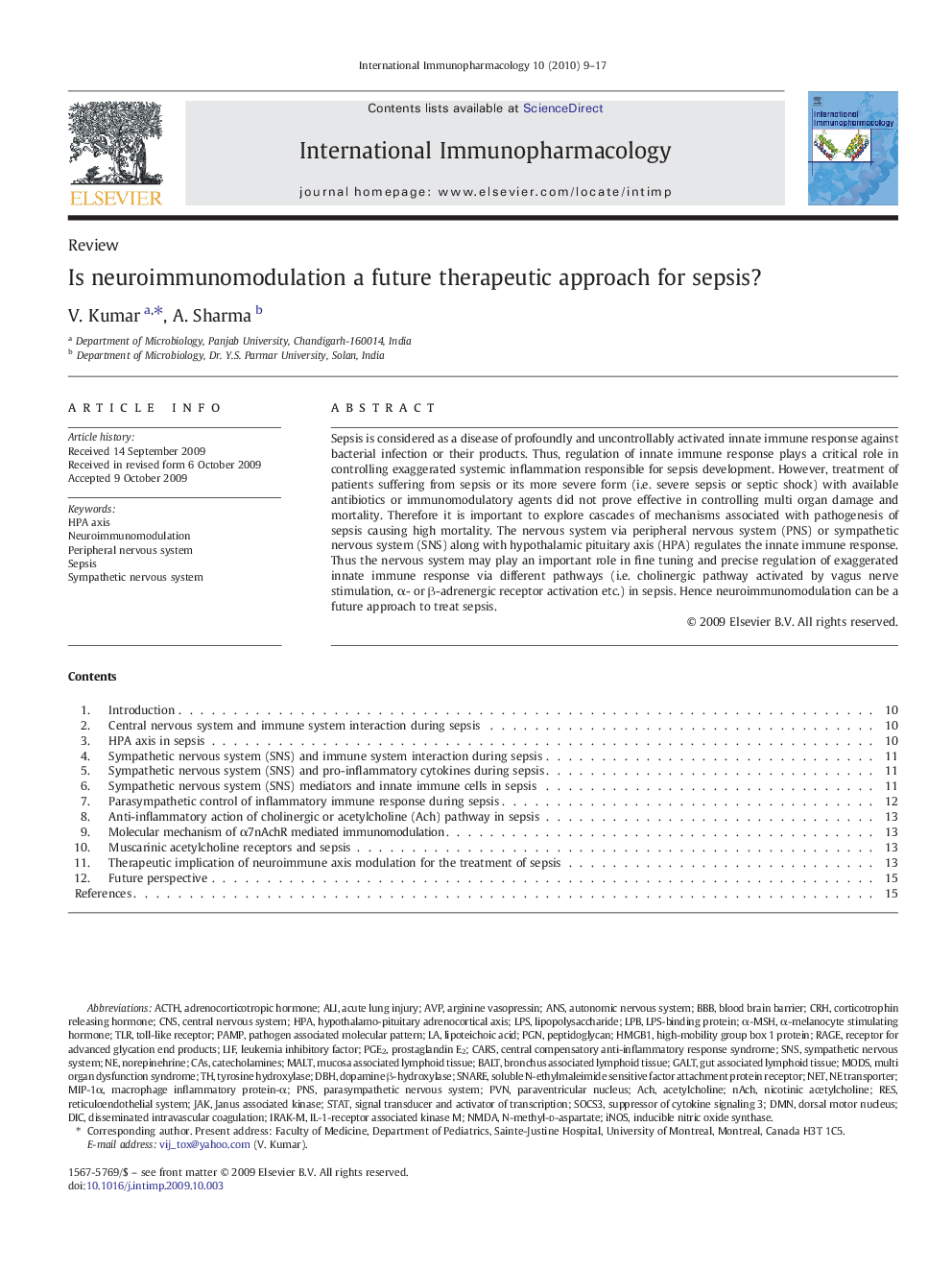 Is neuroimmunomodulation a future therapeutic approach for sepsis?