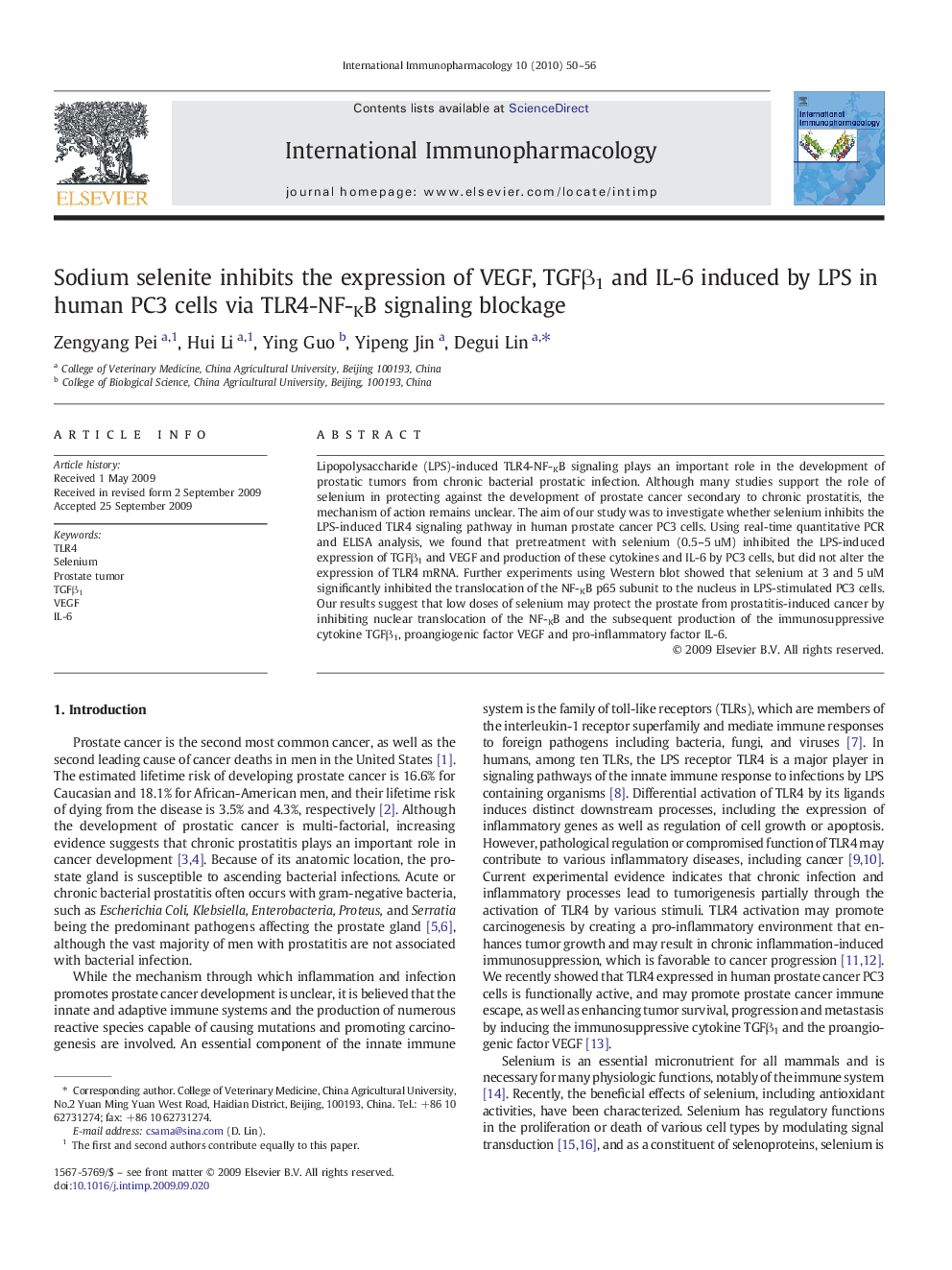 Sodium selenite inhibits the expression of VEGF, TGFβ1 and IL-6 induced by LPS in human PC3 cells via TLR4-NF-KB signaling blockage