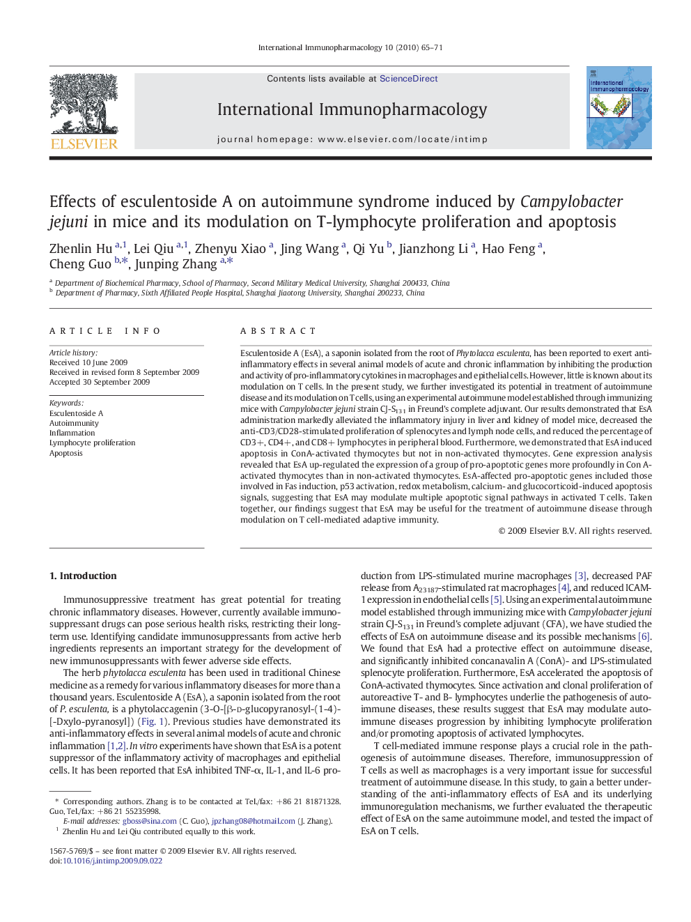 Effects of esculentoside A on autoimmune syndrome induced by Campylobacterjejuni in mice and its modulation on T-lymphocyte proliferation and apoptosis