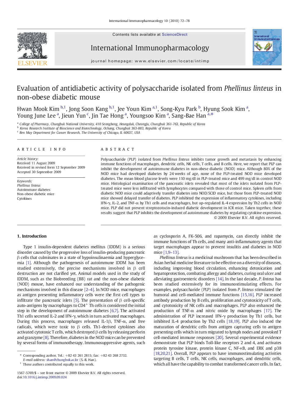 Evaluation of antidiabetic activity of polysaccharide isolated from Phellinus linteus in non-obese diabetic mouse