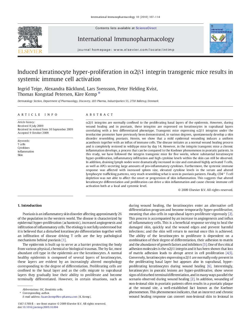 Induced keratinocyte hyper-proliferation in α2β1 integrin transgenic mice results in systemic immune cell activation