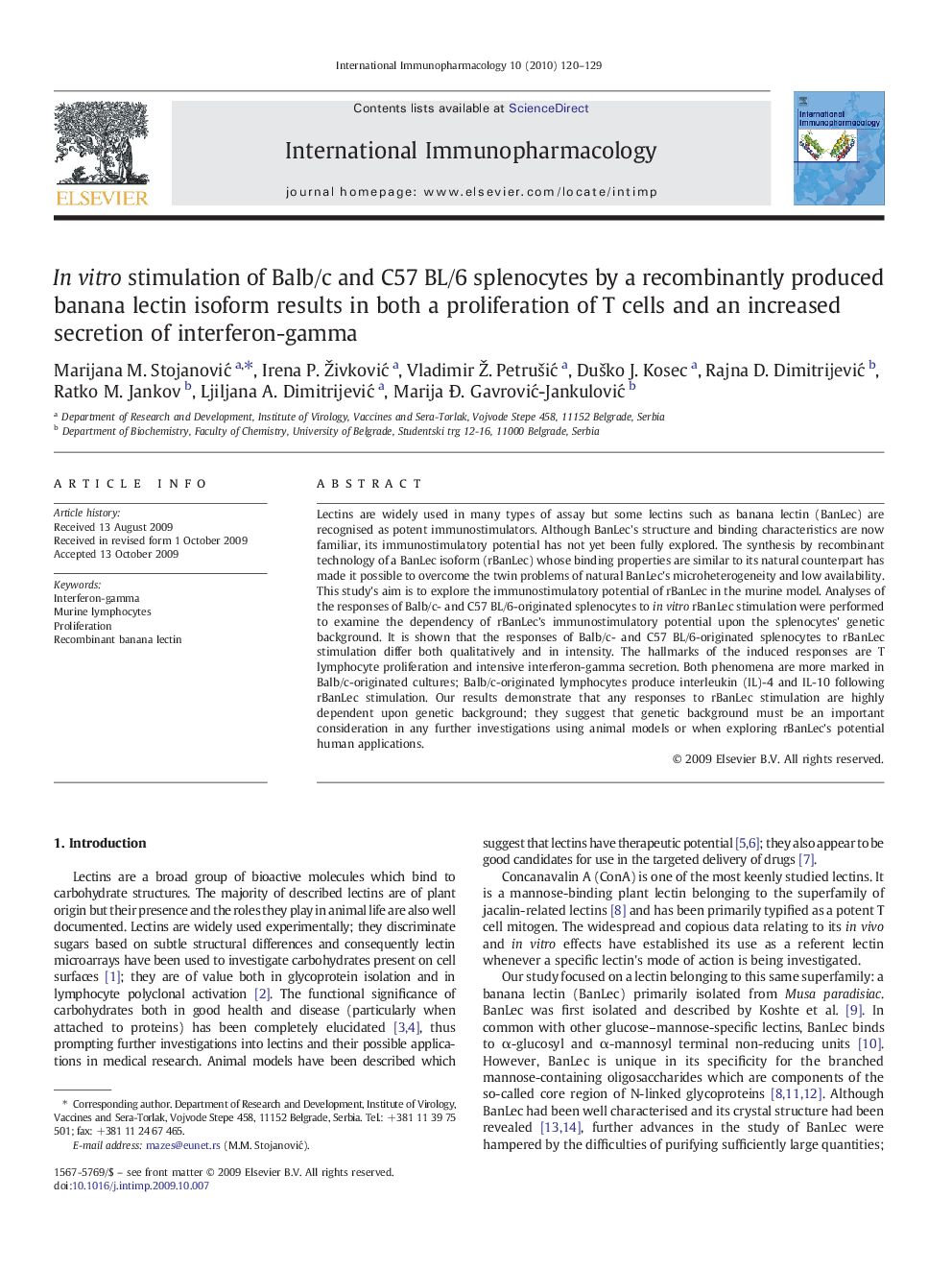 In vitro stimulation of Balb/c and C57 BL/6 splenocytes by a recombinantly produced banana lectin isoform results in both a proliferation of T cells and an increased secretion of interferon-gamma