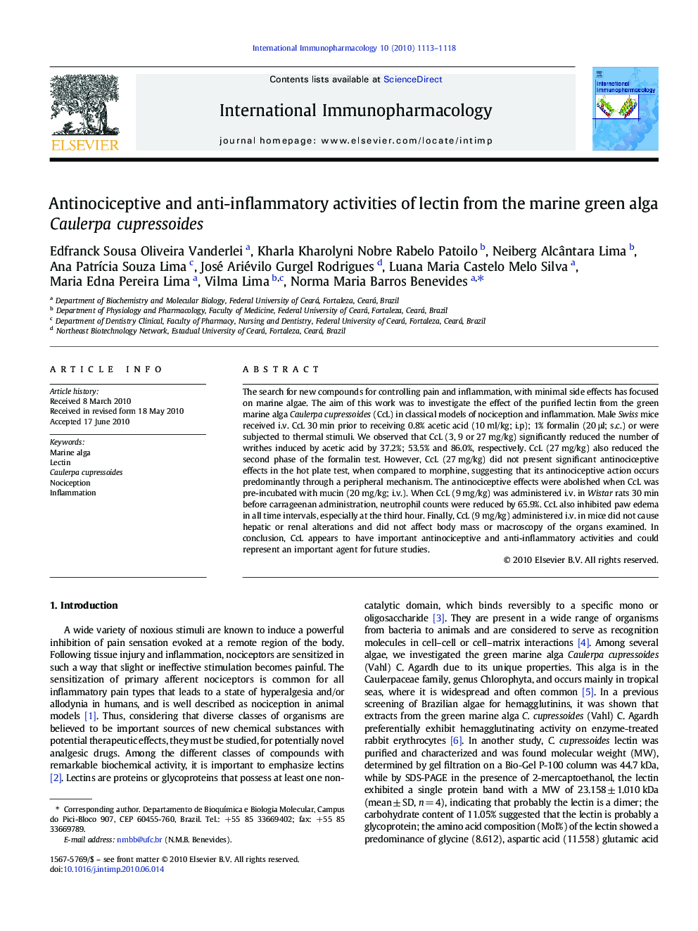 Antinociceptive and anti-inflammatory activities of lectin from the marine green alga Caulerpa cupressoides