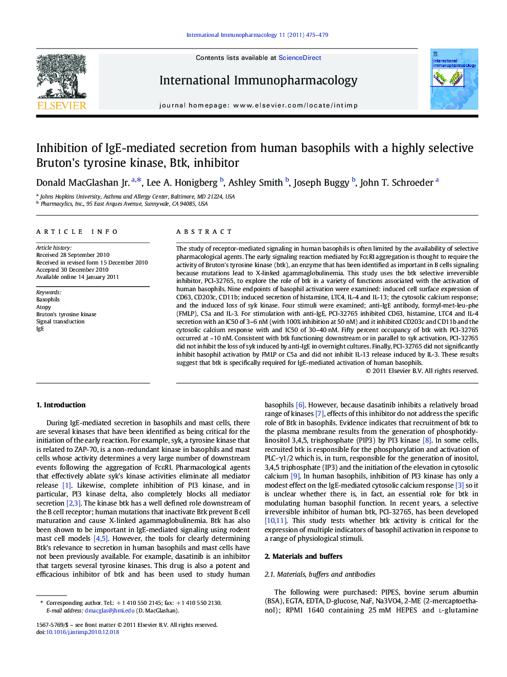 Inhibition of IgE-mediated secretion from human basophils with a highly selective Bruton's tyrosine kinase, Btk, inhibitor