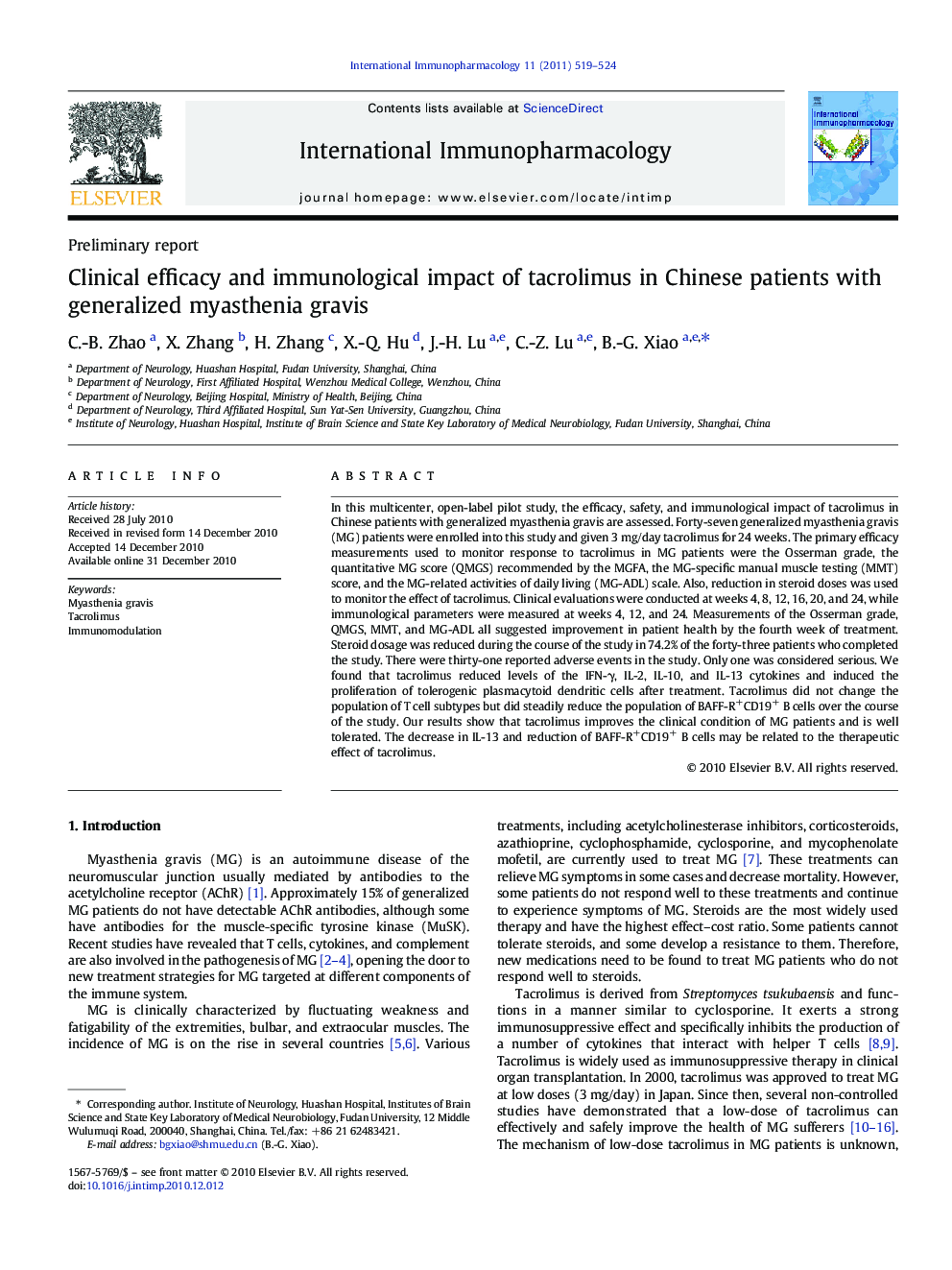 Clinical efficacy and immunological impact of tacrolimus in Chinese patients with generalized myasthenia gravis