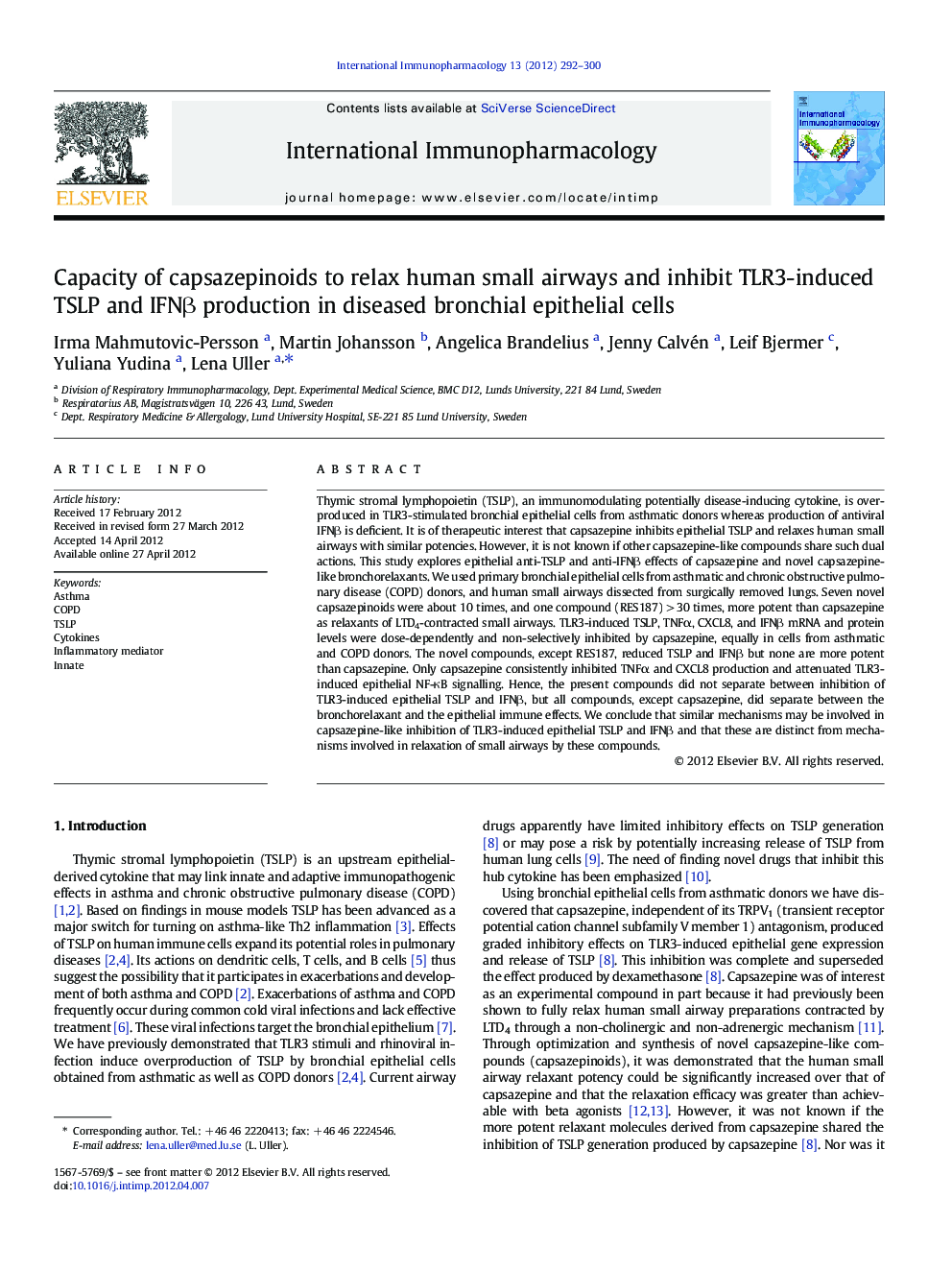 Capacity of capsazepinoids to relax human small airways and inhibit TLR3-induced TSLP and IFNβ production in diseased bronchial epithelial cells