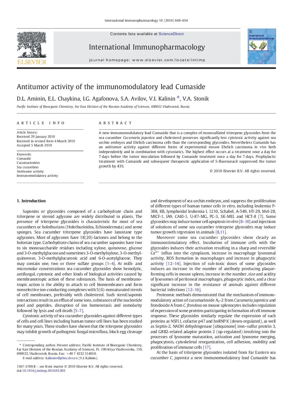 Antitumor activity of the immunomodulatory lead Cumaside