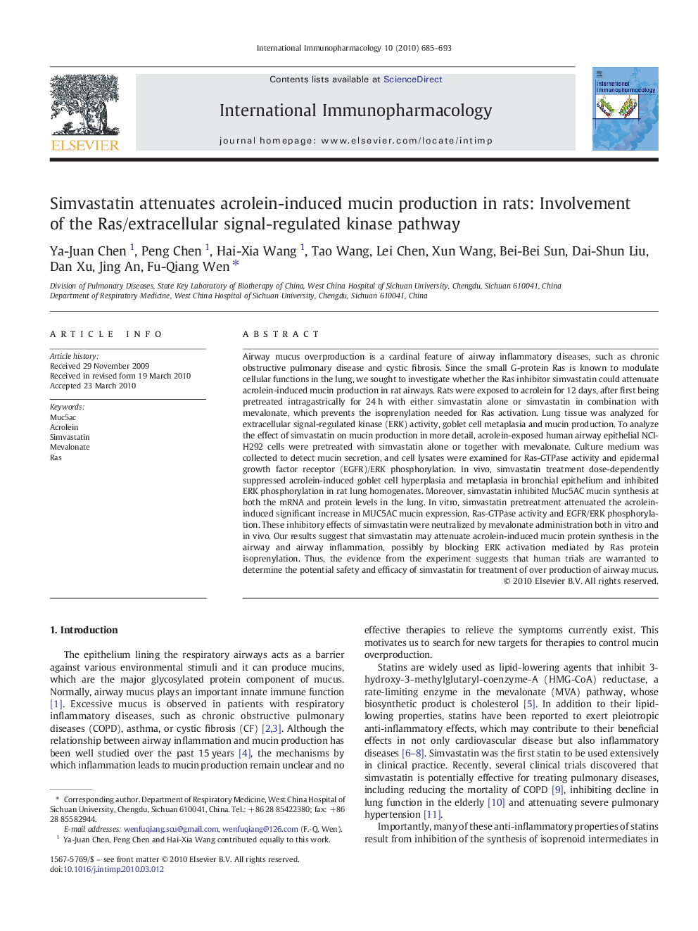 Simvastatin attenuates acrolein-induced mucin production in rats: Involvement of the Ras/extracellular signal-regulated kinase pathway