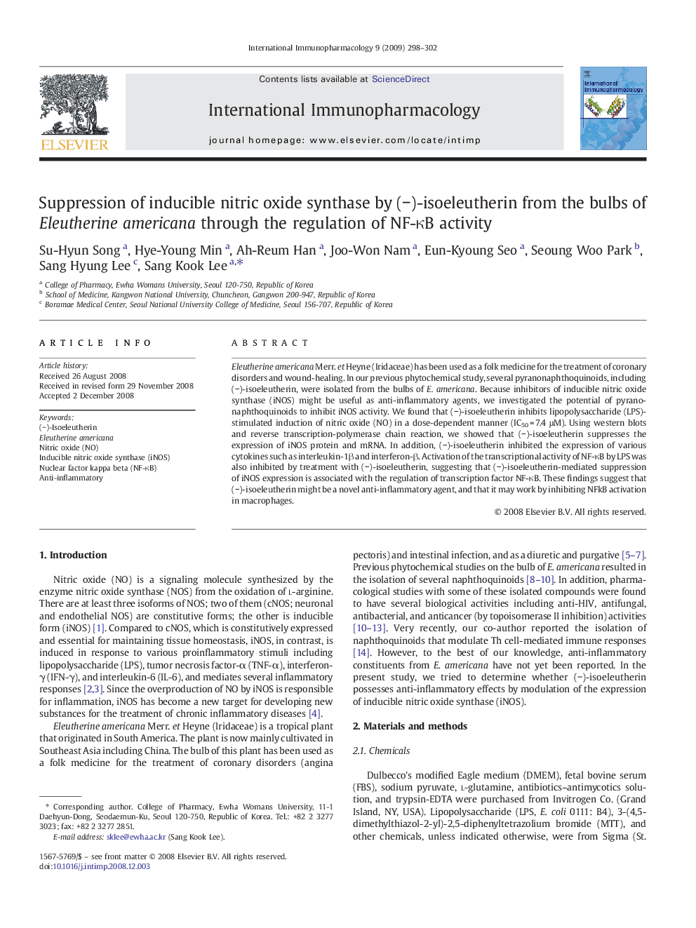 Suppression of inducible nitric oxide synthase by (−)-isoeleutherin from the bulbs of Eleutherine americana through the regulation of NF-κB activity