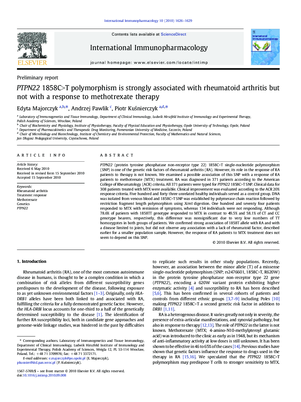 PTPN22 1858C>T polymorphism is strongly associated with rheumatoid arthritis but not with a response to methotrexate therapy