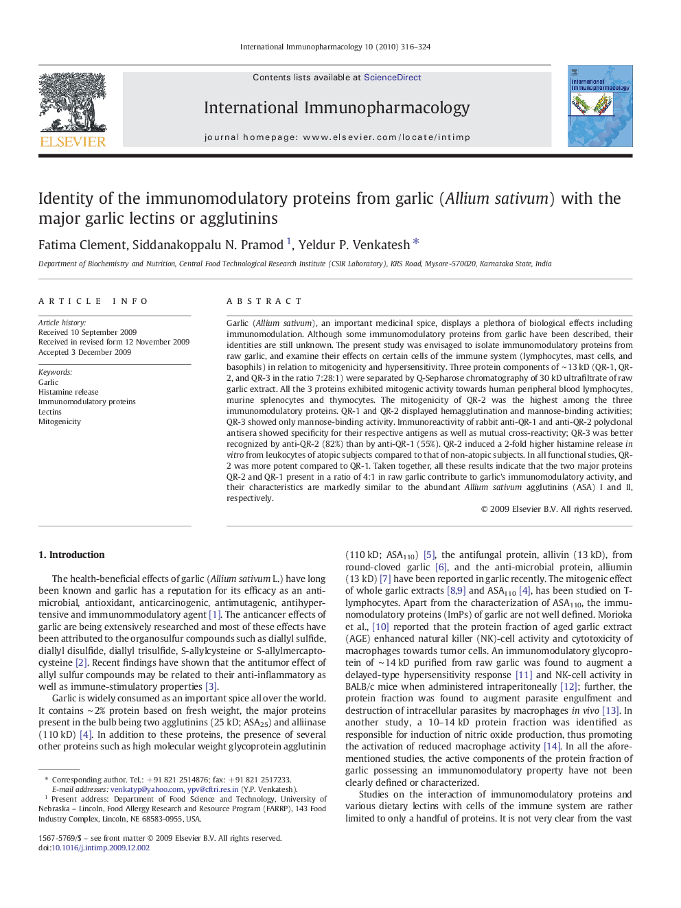 Identity of the immunomodulatory proteins from garlic (Allium sativum) with the major garlic lectins or agglutinins