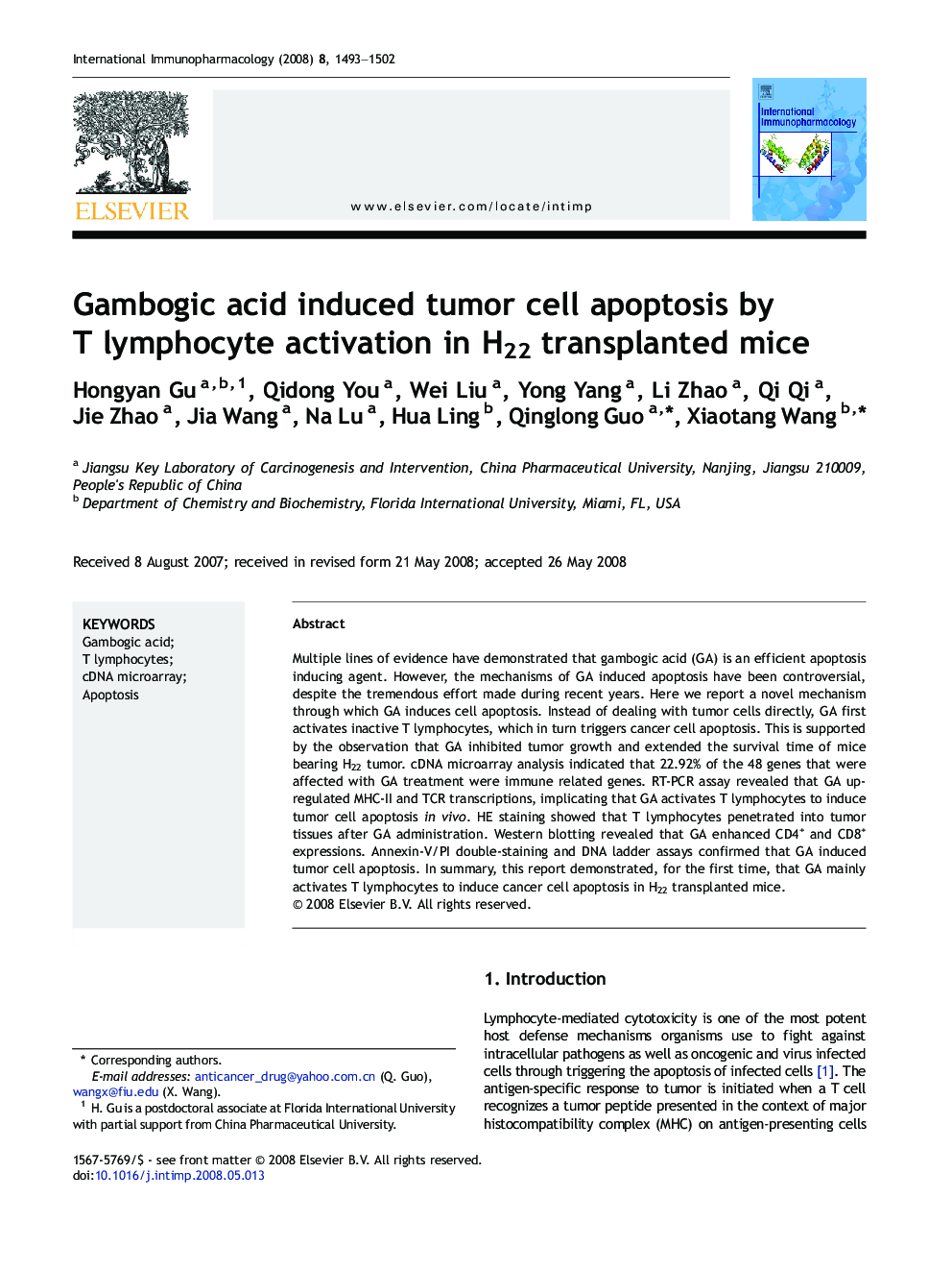 Gambogic acid induced tumor cell apoptosis by T lymphocyte activation in H22 transplanted mice