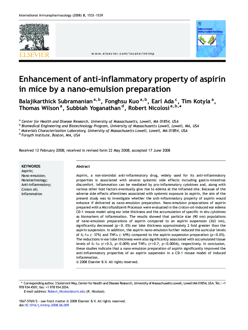 Enhancement of anti-inflammatory property of aspirin in mice by a nano-emulsion preparation