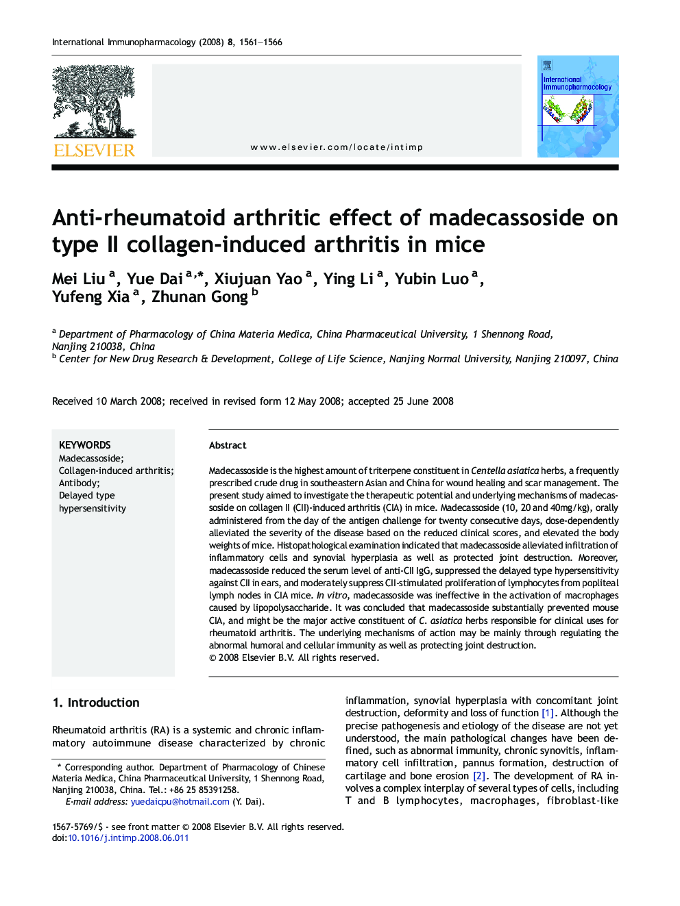 Anti-rheumatoid arthritic effect of madecassoside on type II collagen-induced arthritis in mice
