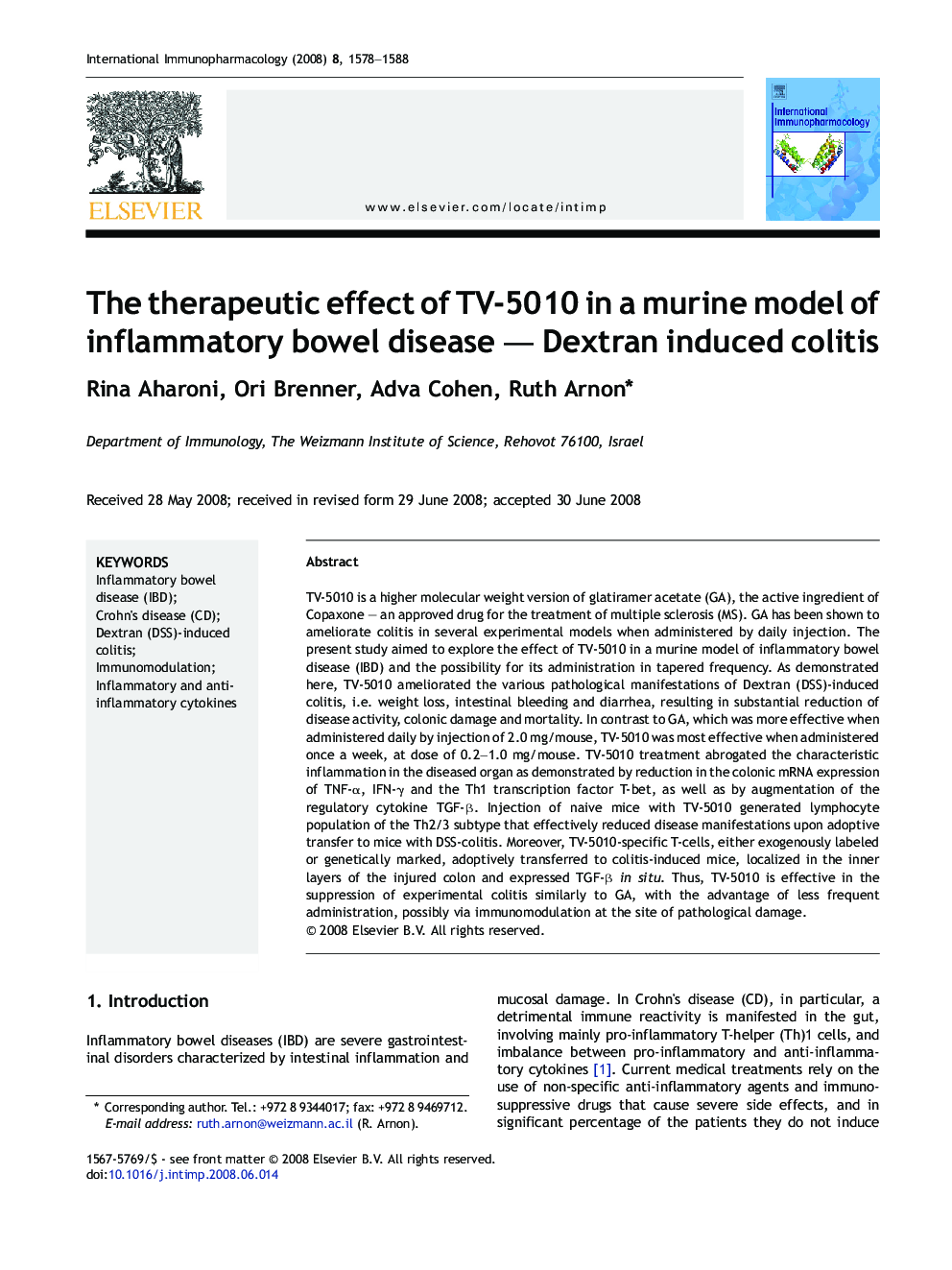The therapeutic effect of TV-5010 in a murine model of inflammatory bowel disease - Dextran induced colitis