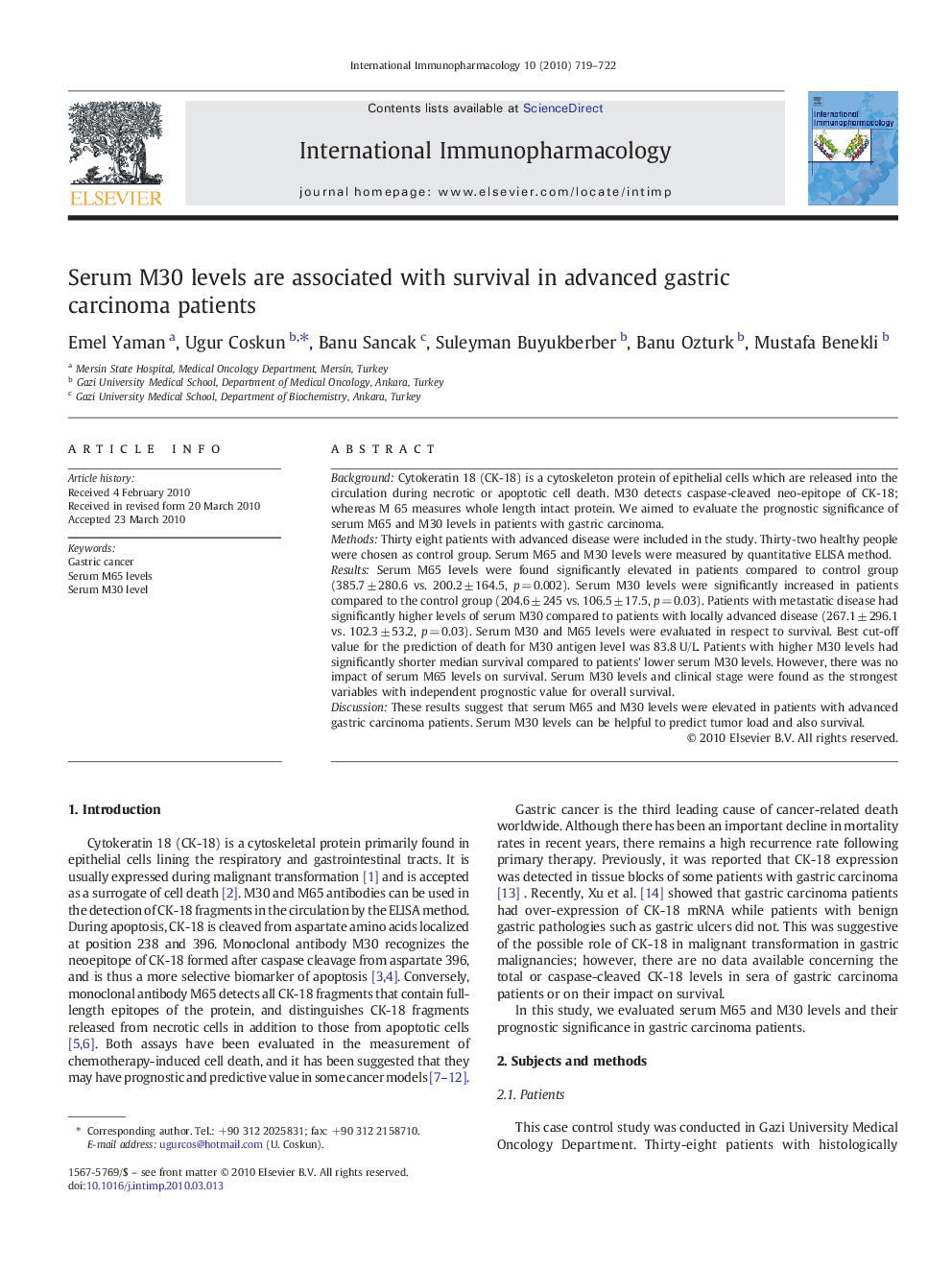 Serum M30 levels are associated with survival in advanced gastric carcinoma patients