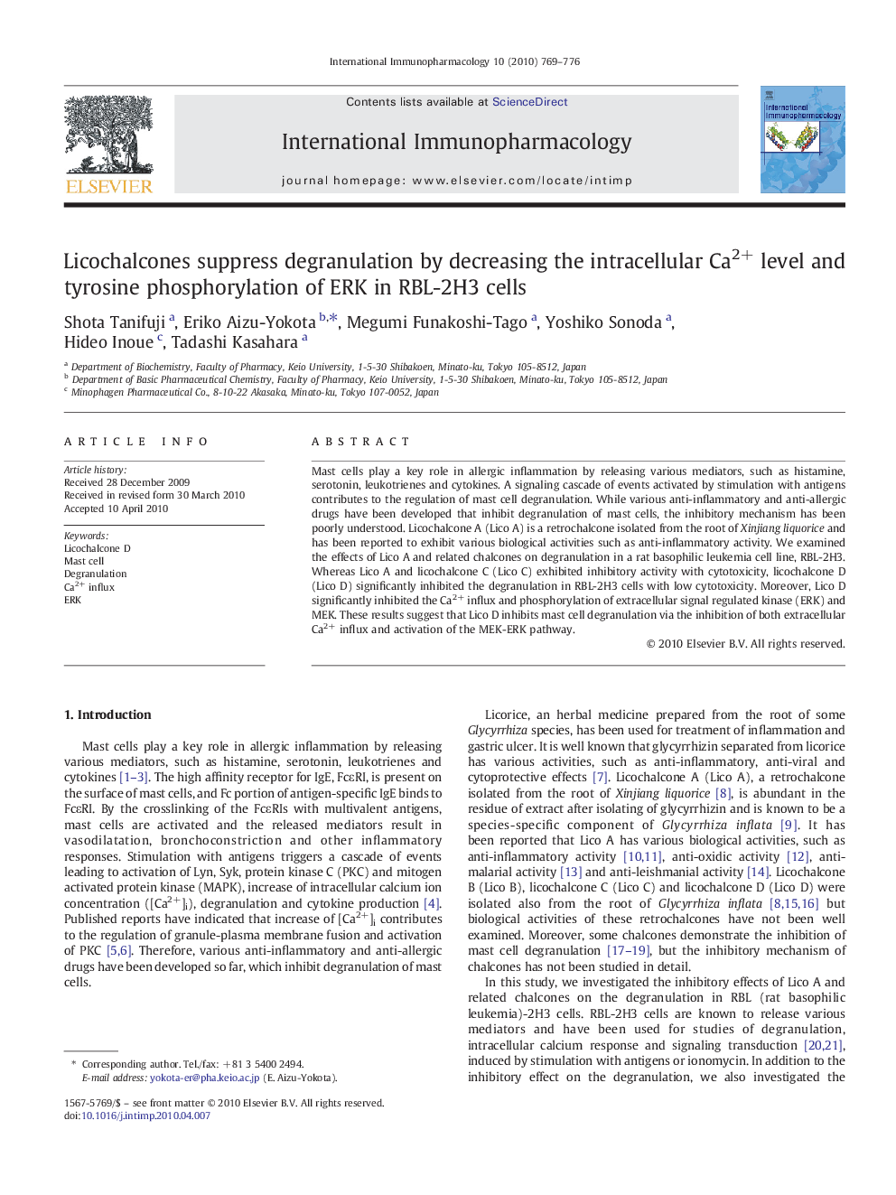 Licochalcones suppress degranulation by decreasing the intracellular Ca2+ level and tyrosine phosphorylation of ERK in RBL-2H3 cells