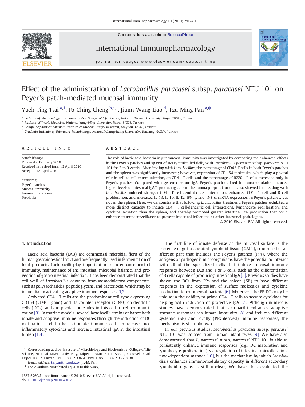 Effect of the administration of Lactobacillus paracasei subsp. paracasei NTU 101 on Peyer's patch-mediated mucosal immunity