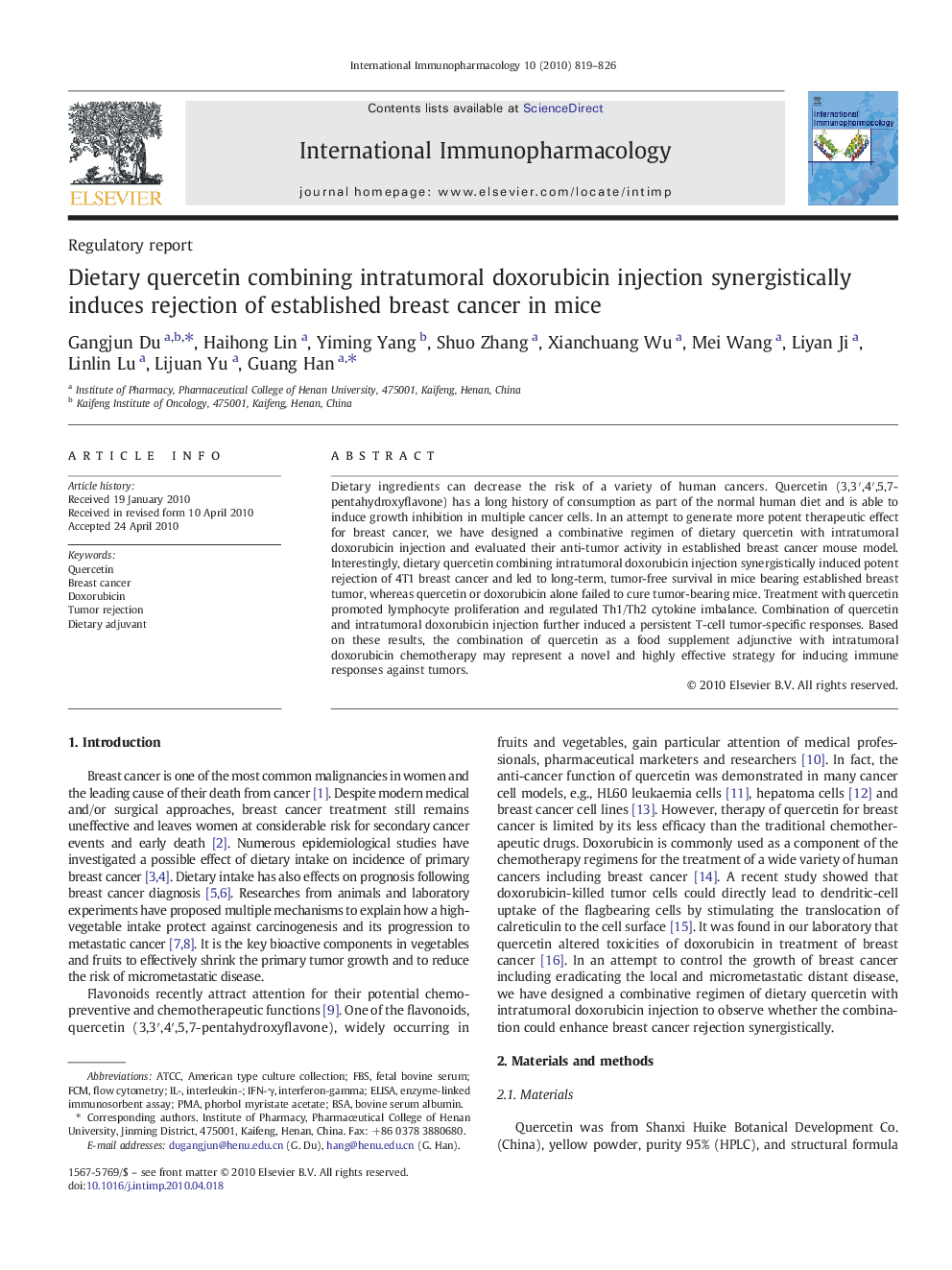 Dietary quercetin combining intratumoral doxorubicin injection synergistically induces rejection of established breast cancer in mice