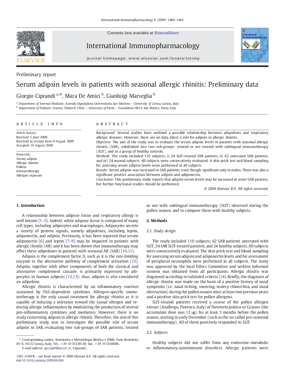 Serum adipsin levels in patients with seasonal allergic rhinitis: Preliminary data