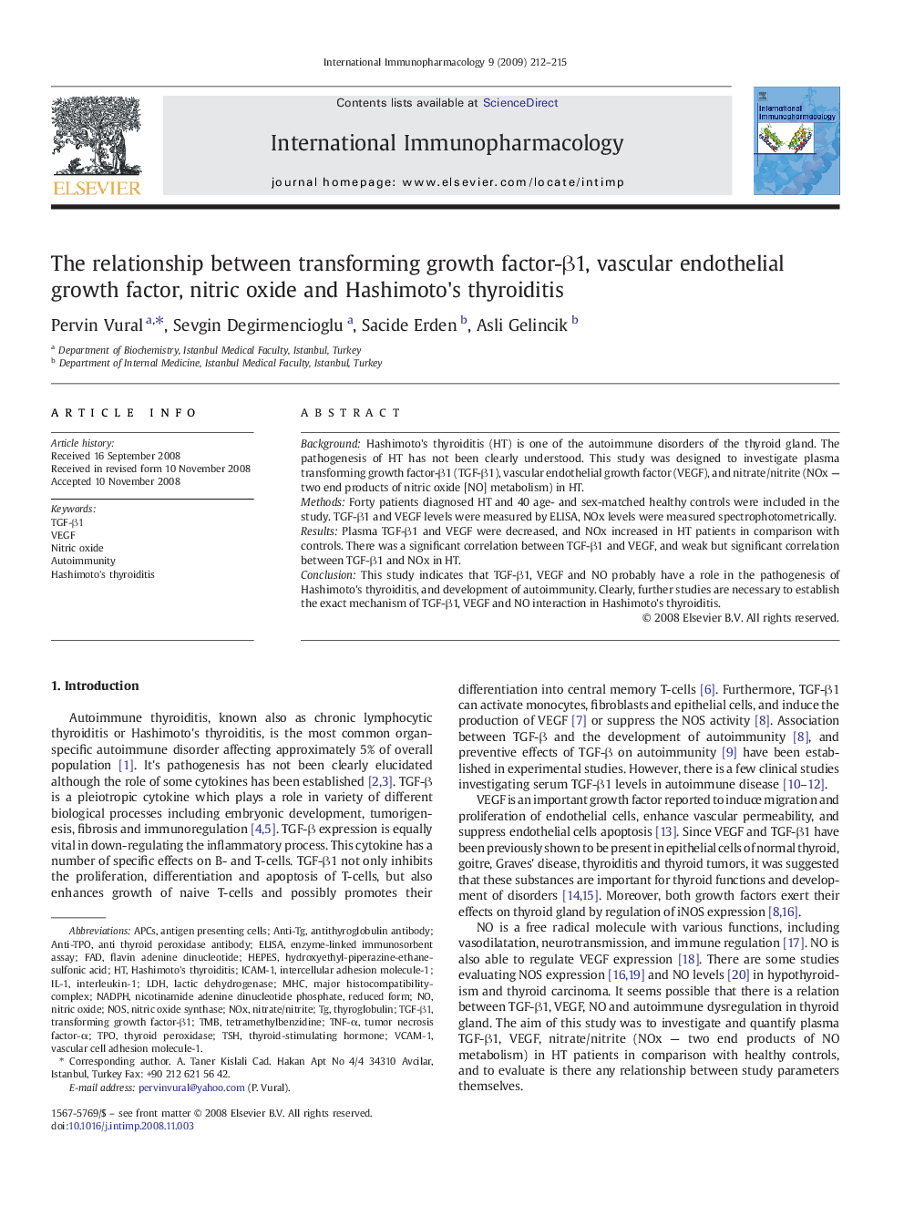 The relationship between transforming growth factor-β1, vascular endothelial growth factor, nitric oxide and Hashimoto's thyroiditis