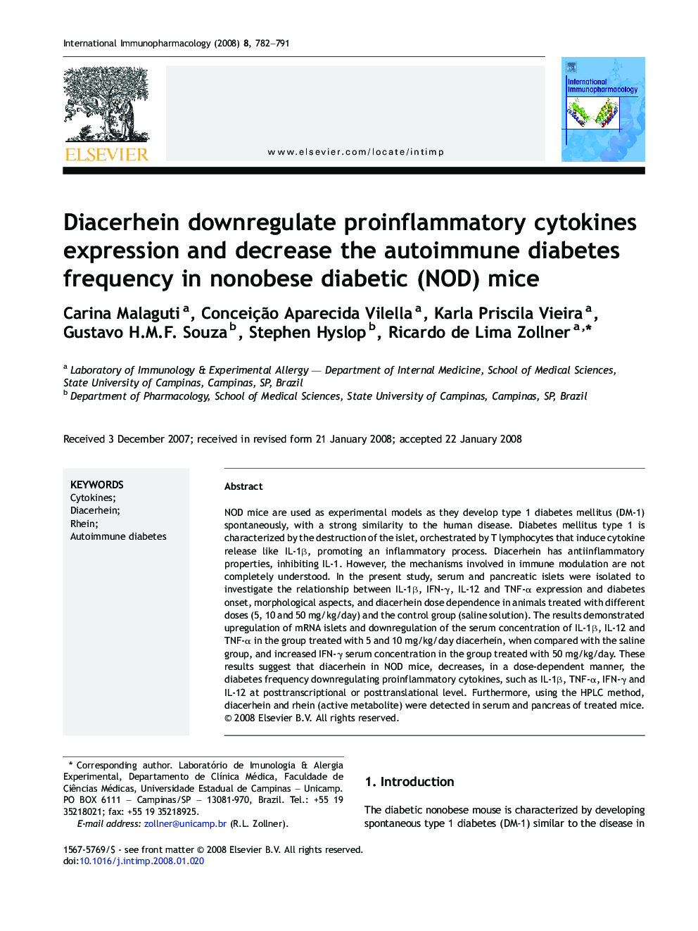 Diacerhein downregulate proinflammatory cytokines expression and decrease the autoimmune diabetes frequency in nonobese diabetic (NOD) mice