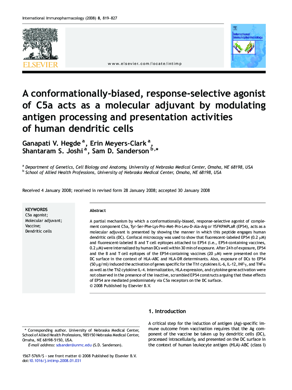 A conformationally-biased, response-selective agonist of C5a acts as a molecular adjuvant by modulating antigen processing and presentation activities of human dendritic cells