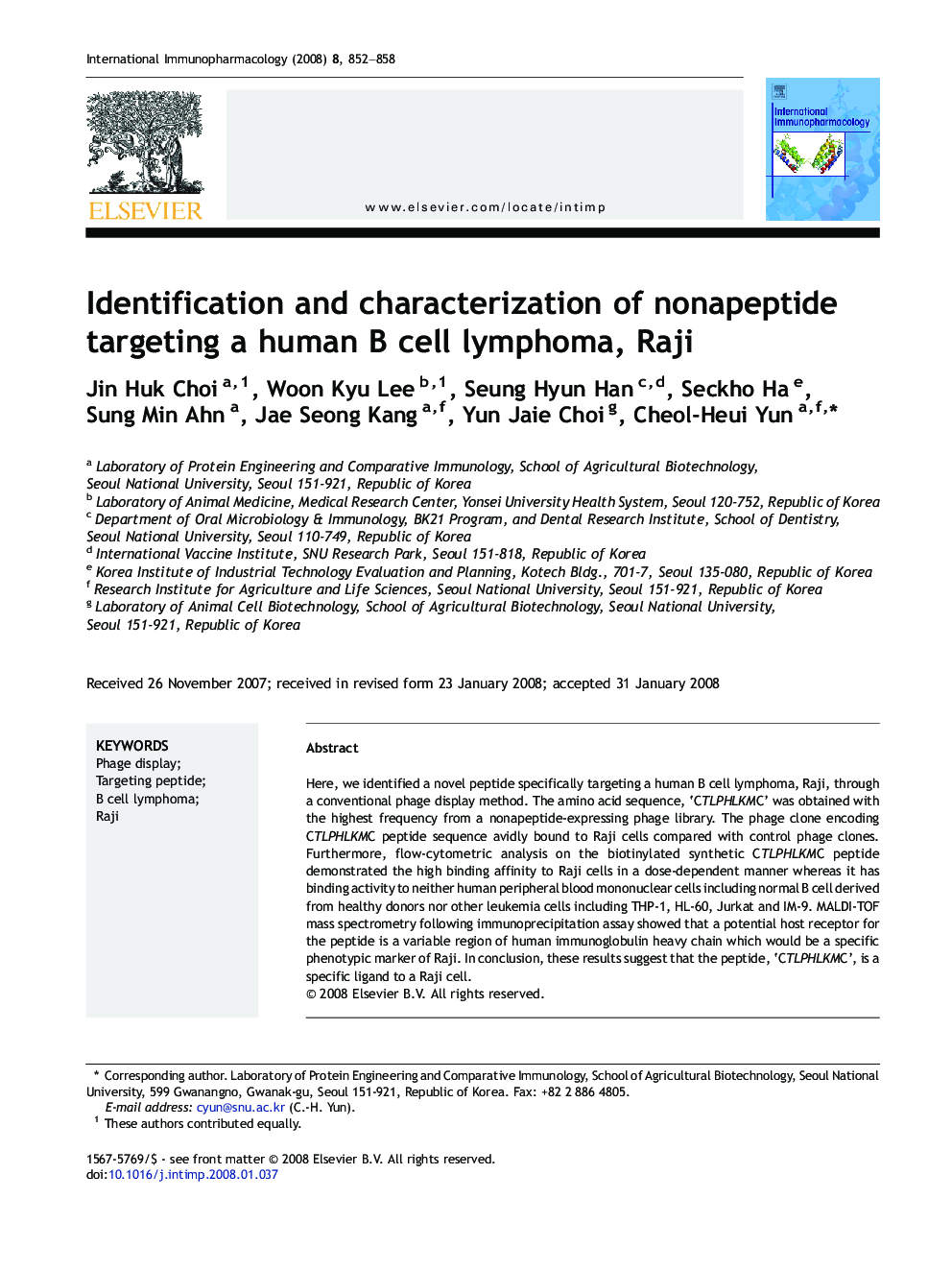 Identification and characterization of nonapeptide targeting a human B cell lymphoma, Raji