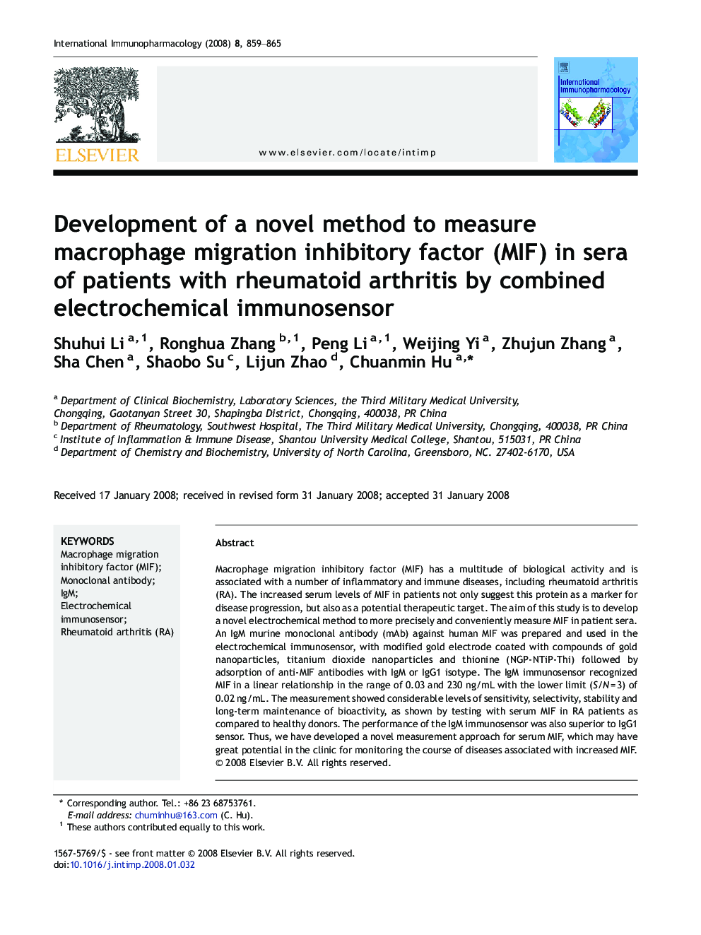 Development of a novel method to measure macrophage migration inhibitory factor (MIF) in sera of patients with rheumatoid arthritis by combined electrochemical immunosensor