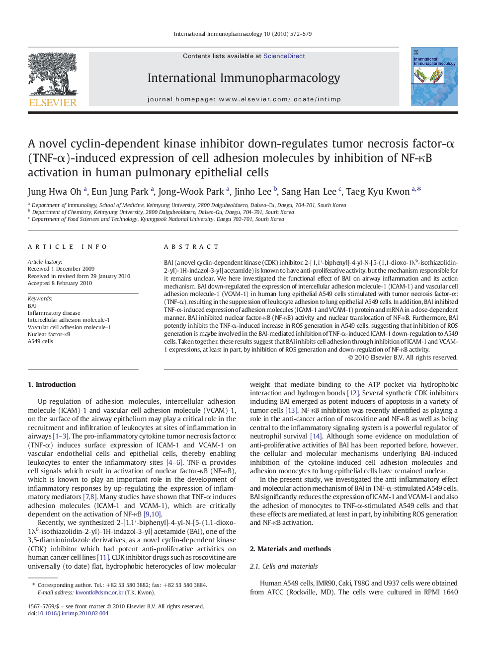 A novel cyclin-dependent kinase inhibitor down-regulates tumor necrosis factor-α (TNF-α)-induced expression of cell adhesion molecules by inhibition of NF-κB activation in human pulmonary epithelial cells